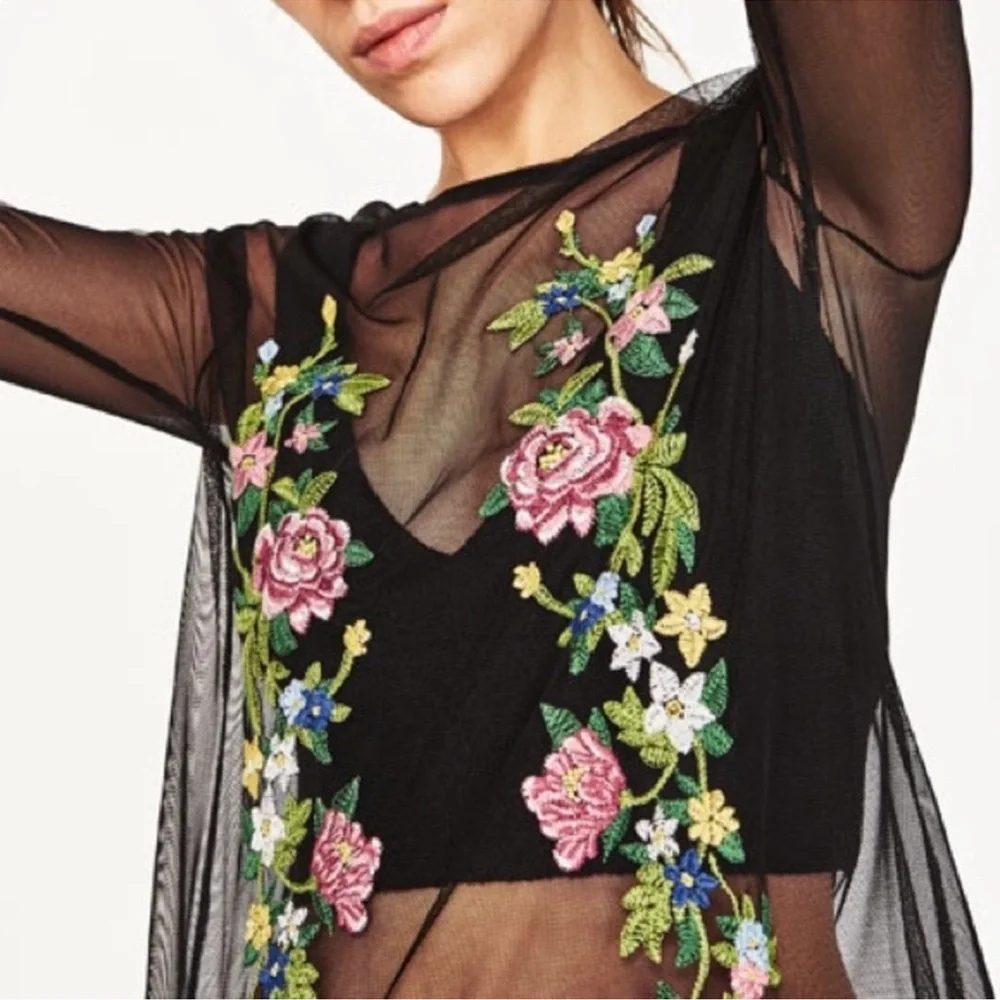 ZARA EMBROIDERED FLORAL TULLE OVERLAY DRESS BLACK SHEER LONG SIZE S FIT M NWOT - Picture 5 of 9